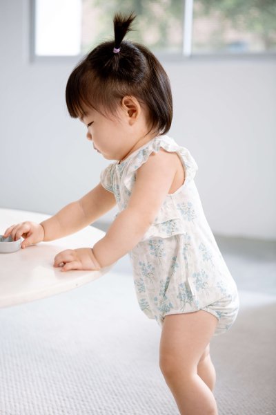 Cap Sleeve Ruffle Romper - Victorian (Blue Posies) in White