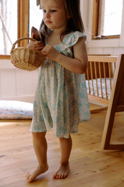 Cap Sleeve Ruffle Dress - Victorian (Blue Posies) in White