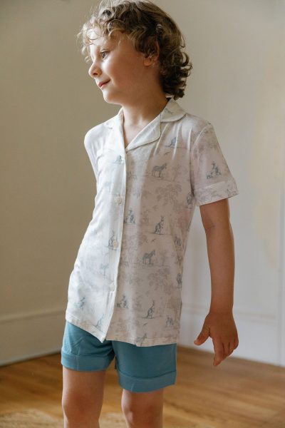 Open-Collar Shirt and Shorts Set - Wild Toile (Grey/Teal)