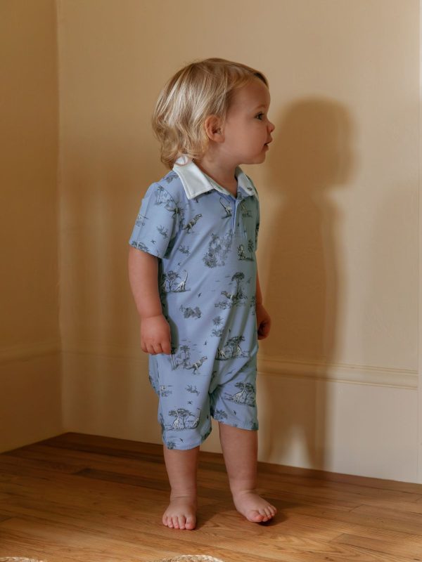 Collared Shirt Romper - Dinosaur (Blue)