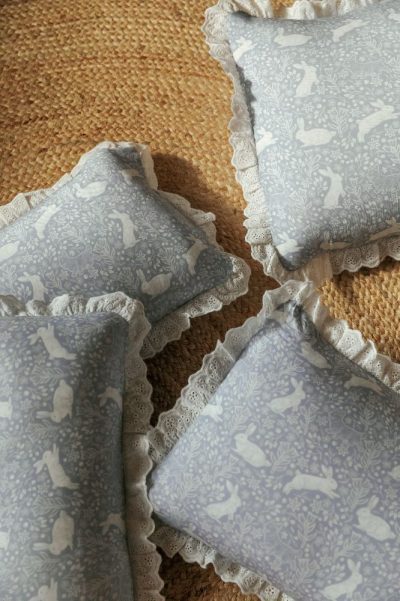 Luxe Cloud Pillowcase (With Broderie) – Rabbits Rendezvous (Dusty Blue)